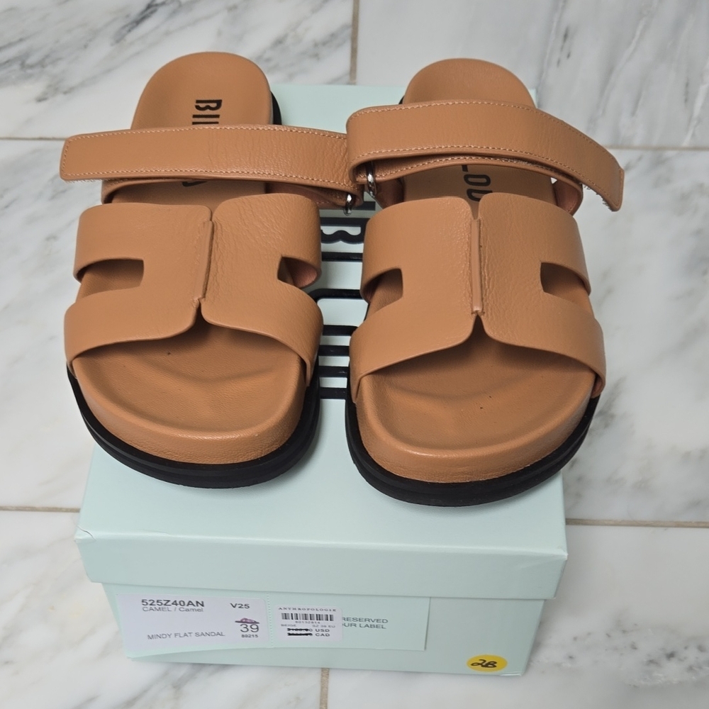 BIBI LOU Tan Cutout Slide Sandals • Flat Slip-On • Adjustable Strap